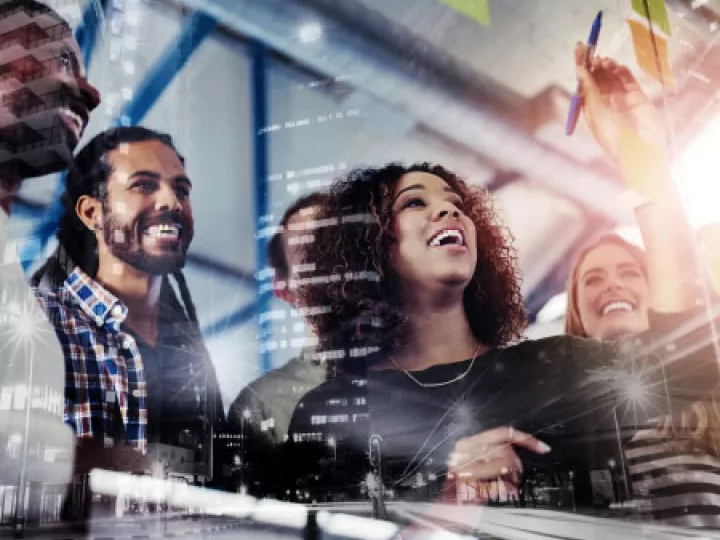 a group of people in an office