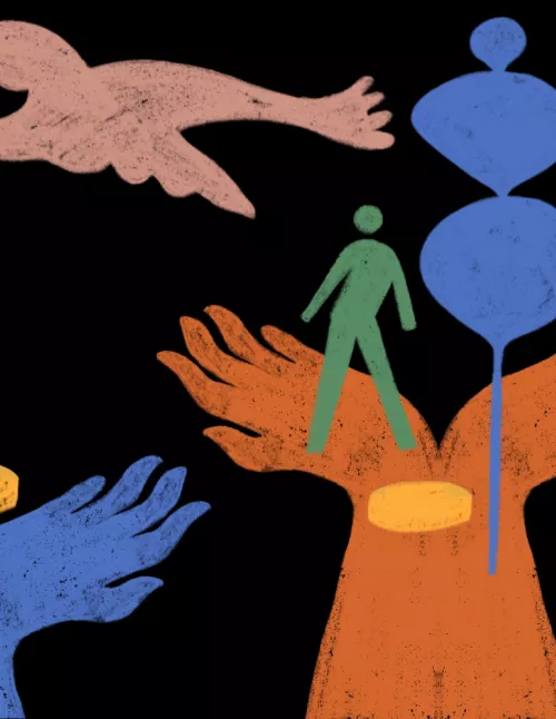 illustration of people and birds