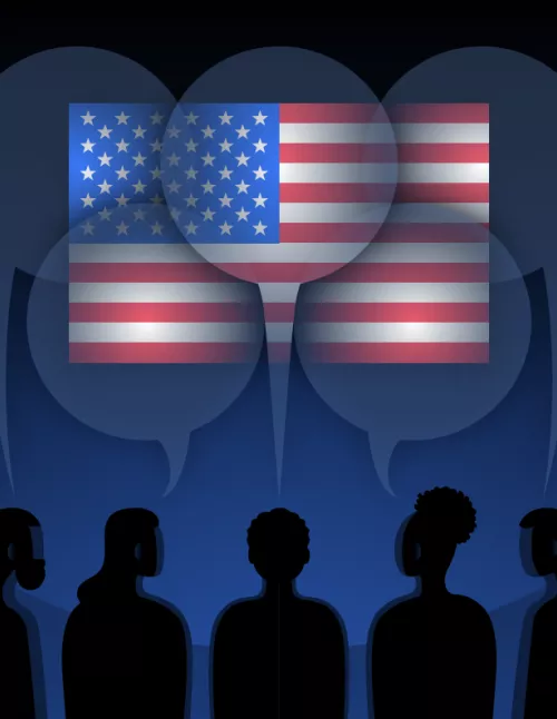 people in front of the US flag